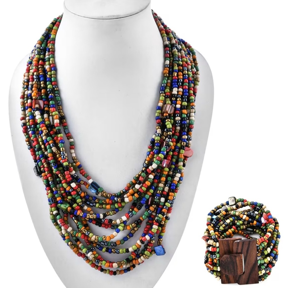Boho Multi-seed bead Necklace and Wooden buckle Stretch Bracelet